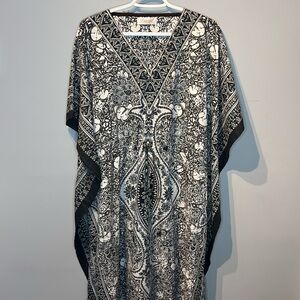 Kaftan Dress In Black, White And Blue Floral with Tie Waist